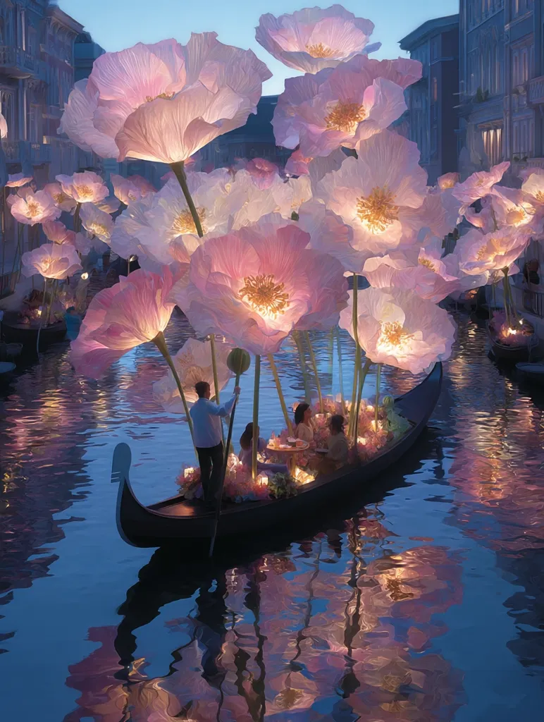 A gondola glides serenely along a Venetian canal at twilight.  Giant, luminous pink and white flowers, seemingly illuminated from within, rise from the water, creating a magical, ethereal atmosphere.  Couples enjoy a romantic dinner on the boat, surrounded by the enchanting floral display, their reflections mirrored in the calm water. The scene is dreamlike and picturesque, showcasing a unique and beautiful moment.