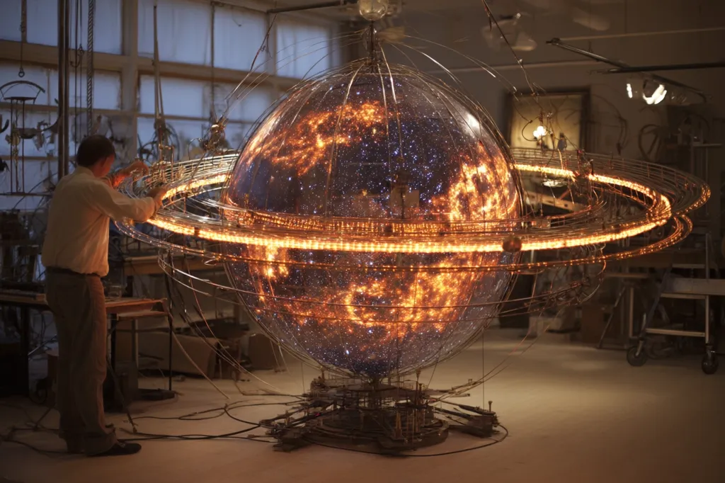 A man meticulously works on a large-scale illuminated globe, intricately detailed to resemble a celestial body.  The sphere is encircled by a ring of lights, enhancing its cosmic appearance.  The setting appears to be a workshop, with tools and other projects visible in the background. The scene evokes a sense of artistry and meticulous craftsmanship.