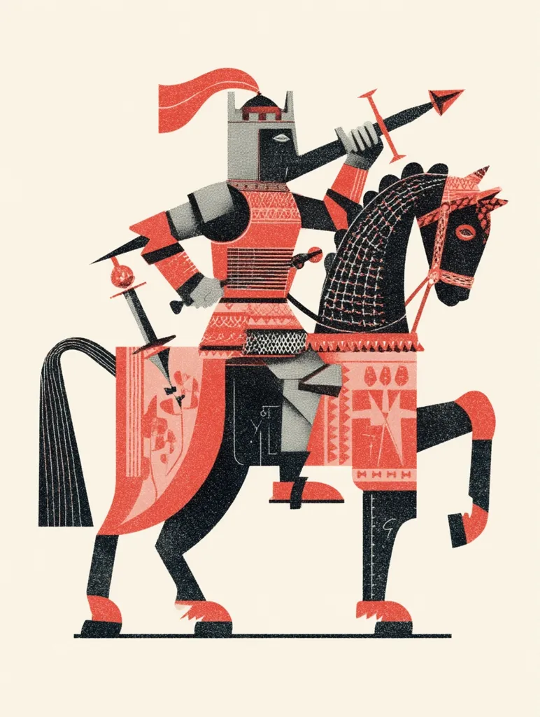 A stylized illustration depicts a knight in red and gray armor astride a black horse.  The knight wields a spear, and a sword is visible at his side. The artwork uses geometric shapes and a limited color palette, creating a bold, graphic style reminiscent of vintage poster art. The textures suggest a printmaking technique, adding depth and character to the design. The overall feel is one of strength and regality.