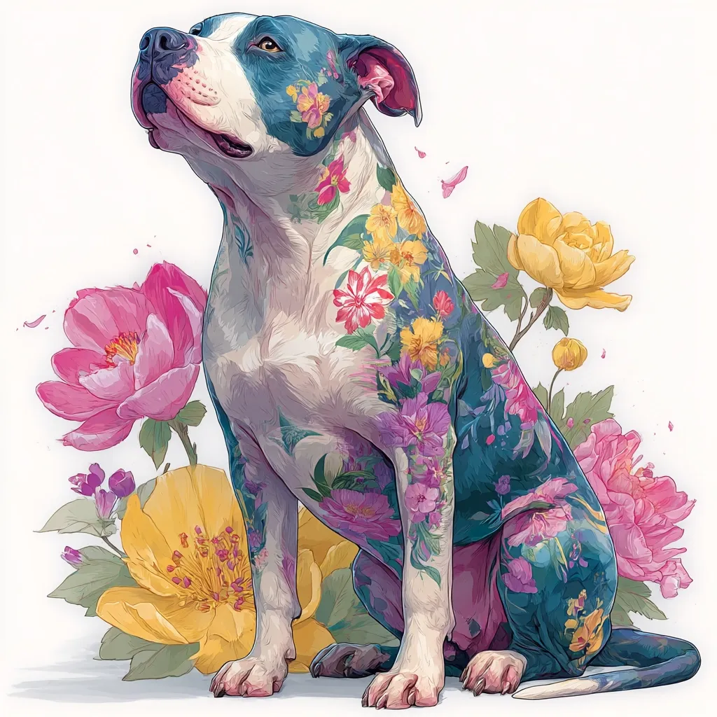 A vibrant illustration depicts a Pit Bull Terrier adorned with a full-body floral tattoo.  The dog sits amidst a profusion of pink and yellow peonies and other blossoms.  The artwork's style is painterly and digital, creating a striking contrast between the dog's realistic form and the fantastical floral design covering its body. The colors are rich and saturated, enhancing the overall aesthetic appeal.