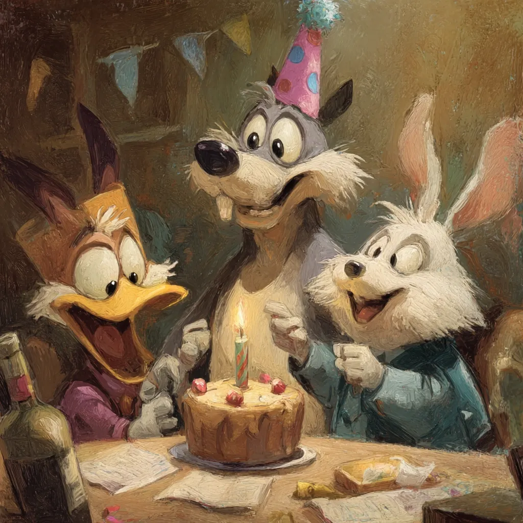 A whimsical painting depicts three anthropomorphic animals celebrating a birthday. A fox, wolf, and rabbit gather around a single-layered cake with a lit candle. The scene is warm and inviting, with a painterly style that emphasizes texture and emotion. The animals display expressions of joy and excitement, enhancing the celebratory mood of the birthday gathering.  The background suggests a cozy, dimly lit indoor setting.