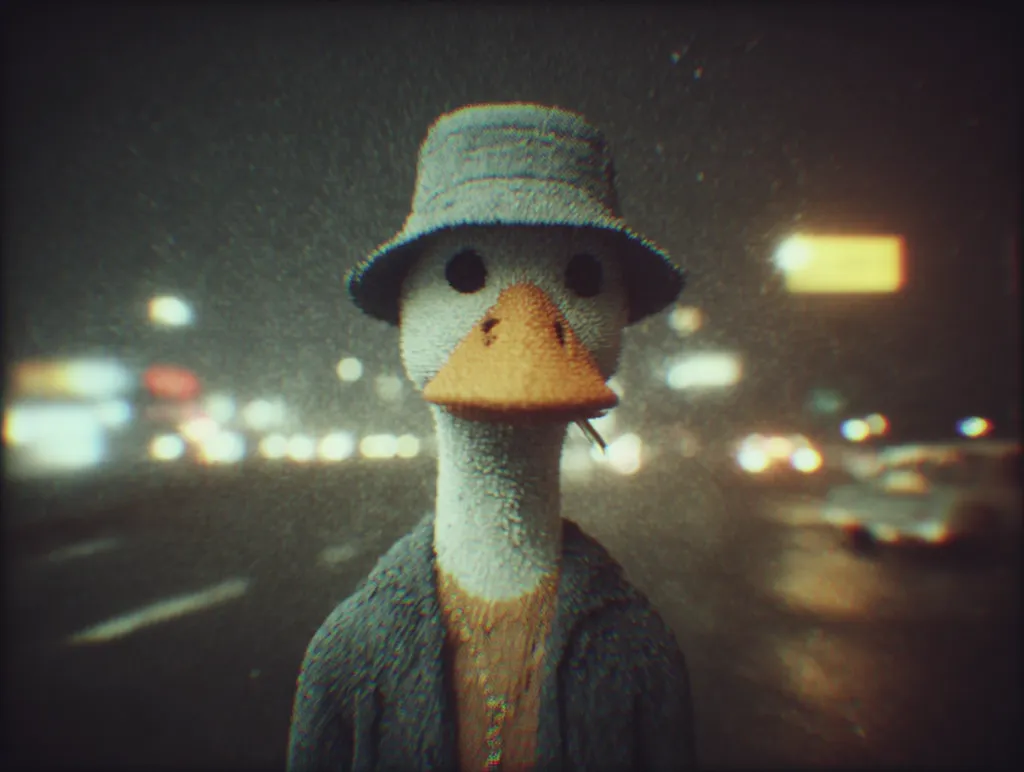 A stylized goose, rendered with a textured, slightly grainy aesthetic, stands at night on a city street.  It wears a bucket hat and jacket, appearing somewhat pensive.  The background is blurred, showing city lights and a rain-slicked road. A cigarette seems to hang from its beak, adding to its nonchalant demeanor.  The overall mood is melancholic yet intriguing.