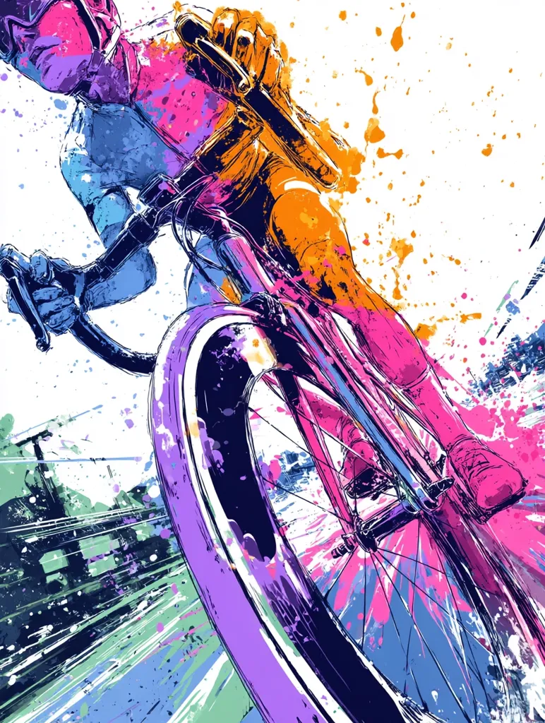 A vibrant, stylized illustration depicts a cyclist in motion.  The image is rendered in a dynamic splash of bold colors—pinks, purples, oranges, and blues—creating an energetic and abstract effect. The cyclist, wearing a helmet, is shown from a low angle, emphasizing speed and movement.  The background features blurred lines suggesting a city landscape and a sense of motion.  The overall style is bold and graphic, capturing the intensity of competitive cycling.