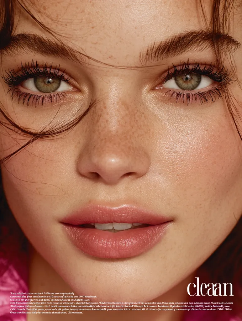 A close-up shot reveals a woman's face, showcasing her natural beauty.  Her eyes are striking, accentuated by long lashes and subtle makeup.  Freckles are visible across her nose and cheeks, enhancing her radiant complexion.  Her lips are a soft, muted pink, and her hair is loosely swept across her face.  The overall aesthetic is clean and minimalist, with a focus on healthy, natural beauty.