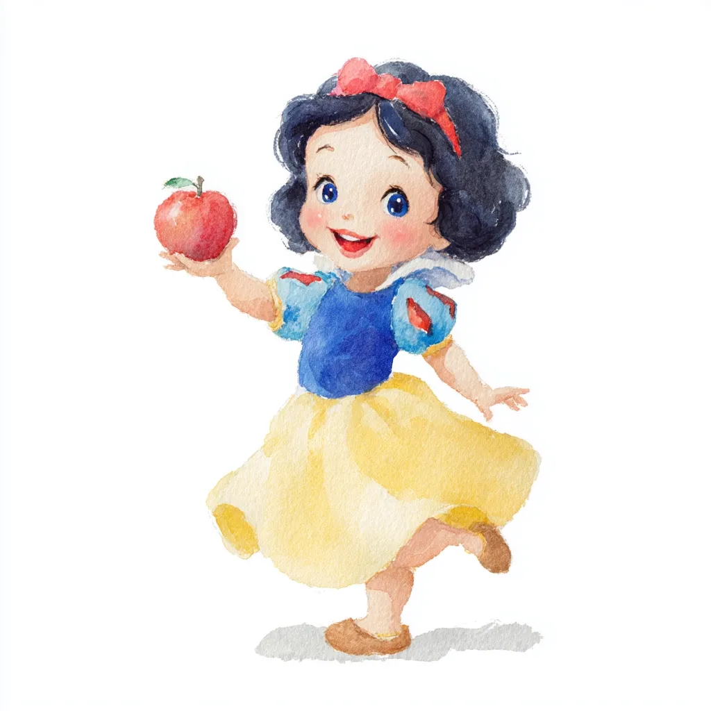 A watercolor painting depicts a chibi-style Snow White.  She has dark hair with a red ribbon, large blue eyes, and a cheerful expression.  Snow White wears her iconic yellow and blue dress and holds a red apple.  The style is cute and whimsical, with soft, blended colors.  She's depicted in a playful, dancing pose.
