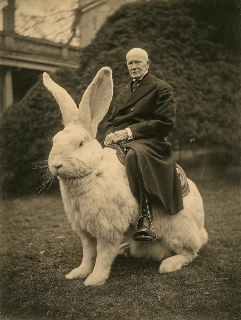 A sepia-toned photograph shows an elderly man in a dark coat sitting astride an enormous, fluffy white rabbit.  The rabbit is comically oversized, its ears extending far above the man's head. The man sits in a saddle-like position, his feet in boots resting on the rabbit's side. The setting appears to be a grassy area near a large house and trees. The image has a whimsical, surreal quality.