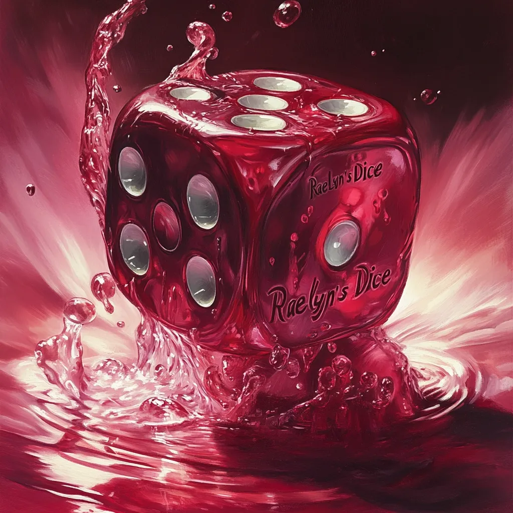 A large, translucent, crimson-red die, branded "Raelyn's Dice," plunges into a pool of the same viscous liquid.  The impact creates a dynamic splash, with droplets and ripples radiating outwards. The die's facets and the liquid are rendered with meticulous detail, emphasizing the gloss and reflectivity of both. The overall effect is one of vibrant color and dramatic movement.