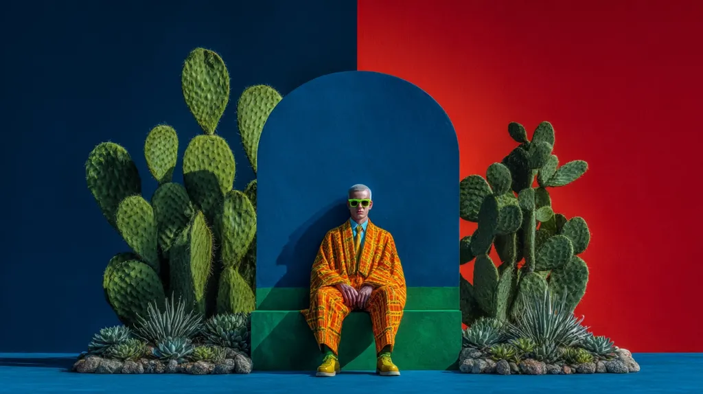 A fashion photograph features a light-skinned, blonde-haired male model wearing a vibrant orange patterned suit and bright green sunglasses. He sits on a green platform set against a backdrop of a blue and red wall, flanked by prickly pear cacti and succulents. The bold color scheme and desert-inspired setting create a striking visual contrast.