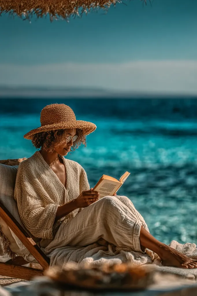 A woman wearing a straw hat and linen clothing sits in a beach chair under a thatched umbrella.  She is engrossed in reading a book, her feet resting on a blanket. The turquoise ocean provides a stunning backdrop to this serene and peaceful scene.  Sunlight bathes the scene, creating a warm and inviting atmosphere.