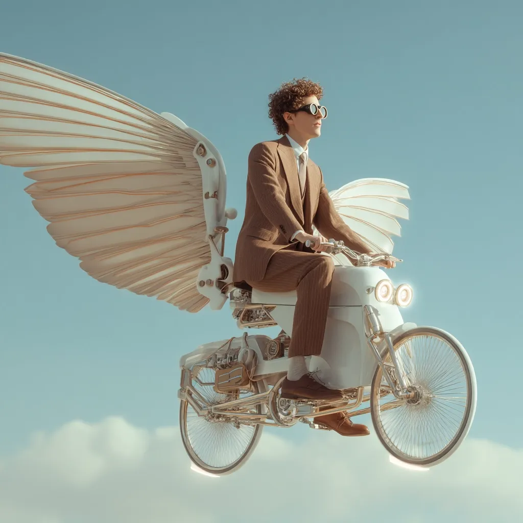 A man in a brown suit and goggles sits on a white, winged motorbike soaring through a pale blue sky.  The motorbike is intricately designed with exposed mechanics and large, elegant wings.  The overall aesthetic is surreal and fantastical, blending steampunk and angelic imagery.  The scene evokes a sense of freedom and effortless flight.