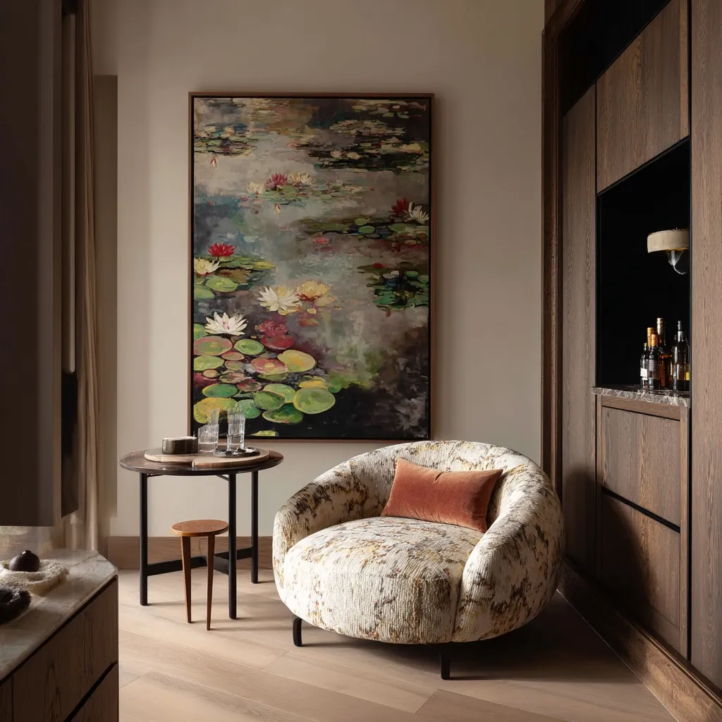 A tranquil living space features a large painting of water lilies, a circular upholstered armchair with a burnt orange cushion, and a dark wood bar unit. A small round side table with drinks sits beside the chair.  The room is decorated in muted earth tones and exudes a sense of calm sophistication.  The light hardwood floors contribute to the overall serene atmosphere.