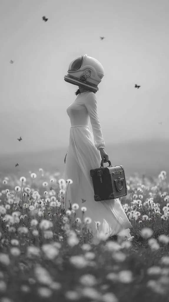 A woman in a flowing white dress and astronaut helmet walks through a field of dandelions.  She carries a vintage suitcase.  The monochrome image evokes a sense of surrealism and journey, with butterflies floating in the pale sky. The scene is peaceful and dreamlike, hinting at a solitary adventure or escape.