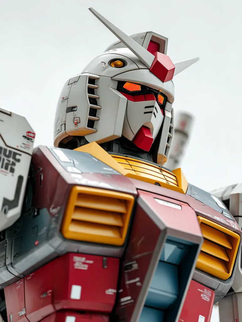 A close-up shot reveals the intricate details of a colossal mecha robot, possibly a Gundam model.  The robot's head, predominantly white and red, features glowing orange eyes. Its torso is a blend of maroon, grey, and yellow panels, showcasing a weathered, battle-worn aesthetic. The image's focus emphasizes the robot's imposing size and complex design.
