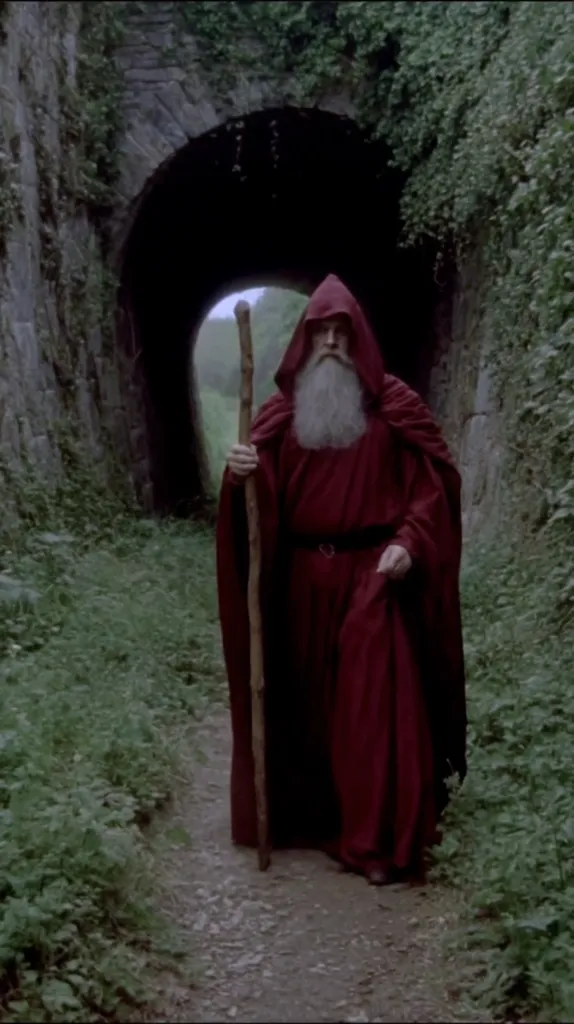 A long-bearded, elderly man in a crimson hooded robe walks along a dirt path. He carries a wooden staff and emerges from a stone tunnel overgrown with greenery.  The scene is dimly lit, creating a mystical and somewhat ominous atmosphere. The man's attire and setting suggest a medieval or fantasy context.