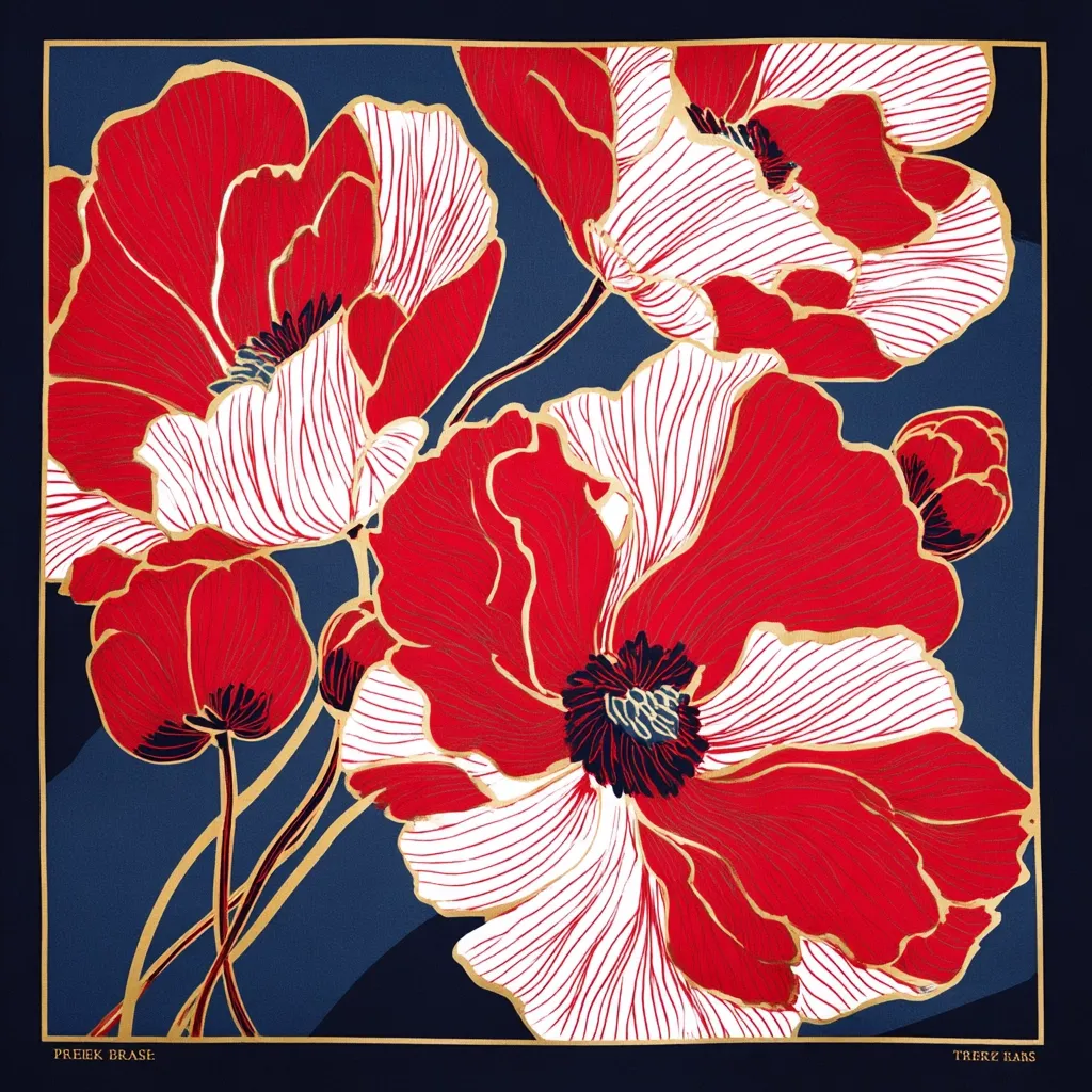 A stylized floral design showcases vibrant red and white poppies against a deep navy blue background.  The poppies are rendered with bold lines and gold accents, creating a striking contrast.  The artwork's bold colors and graphic style suggest a modern, possibly textile-based, design.  The overall impression is one of elegance and sophistication.
