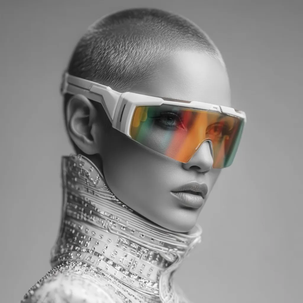 A close-up shot of a woman with a shaved head, wearing futuristic white sunglasses with vibrant, multicolored lenses.  Her clothing features a textured, high-collared design, suggesting a technologically advanced or cyberpunk aesthetic. The image is predominantly grayscale, with the sunglasses' lenses providing a splash of color.  The overall mood is sleek and modern.
