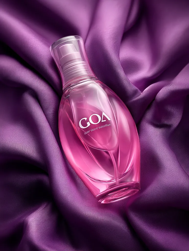 A bottle of GOA super silicone lotion rests on luxurious purple silk. The bottle is clear, revealing the pink lotion inside.  The GOA logo is prominently displayed. The image's soft lighting and smooth textures create a sophisticated and sensual aesthetic, highlighting the product's elegance.