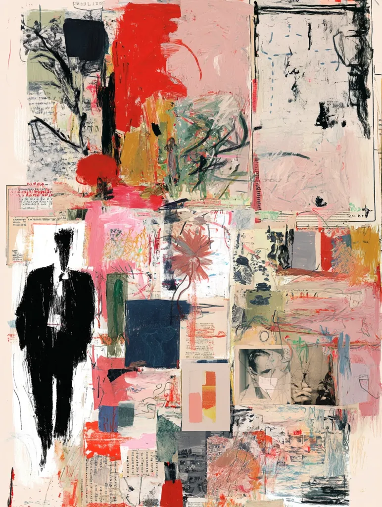 A vibrant abstract collage features bold strokes of red, pink, and other colors.  A stark black figure in a suit stands to the left, contrasting the chaotic background.  The artwork incorporates text fragments, photographs, and geometric shapes, creating a layered and complex composition.  The style suggests a blend of expressionism and assemblage, resulting in a dynamic and energetic visual narrative.