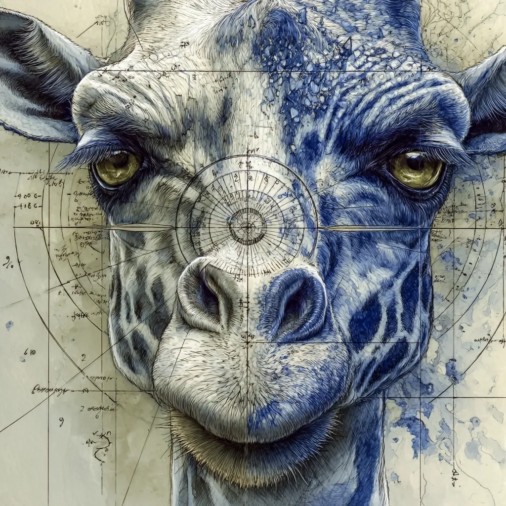 A detailed close-up illustration of a giraffe's face, rendered in shades of blue and white.  Half the giraffe's face is depicted in a realistic style, while the other half is overlaid with intricate geometrical diagrams and scientific markings, suggesting a blend of art and scientific observation. The giraffe appears serene, its expression almost smiling.  The background incorporates additional annotations, enhancing the piece's scientific aesthetic.