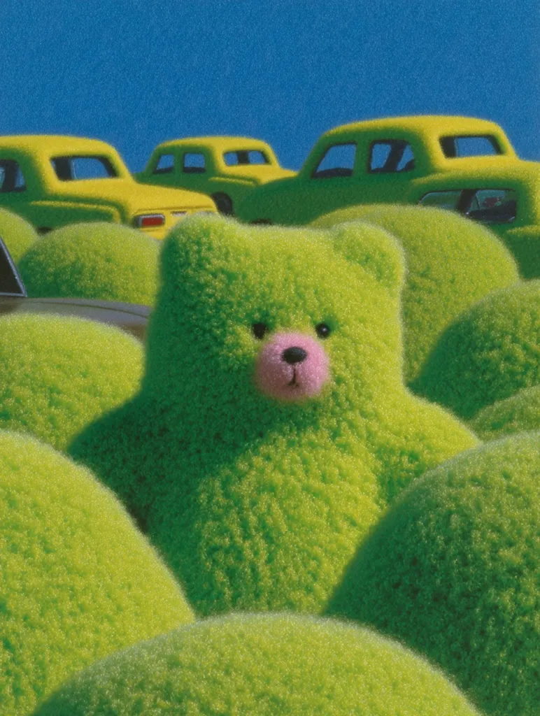 A vibrant green teddy bear, seemingly made of plush grass, is nestled among a cluster of similarly textured, round bushes.  In the background, a row of bright yellow vintage cars sits under a clear blue sky.  The contrast between the soft texture of the bear and bushes and the hard lines of the cars creates a surreal and playful scene.