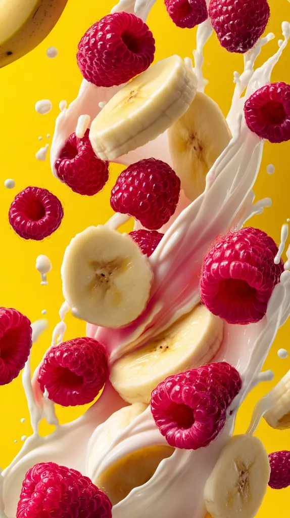 A vibrant splash of milk engulfs juicy raspberries and banana slices against a sunny yellow backdrop.  The creamy white milk cascades around the bright red raspberries and pale yellow banana pieces, creating a dynamic and delicious visual. The image evokes a sense of freshness and is ideal for showcasing a healthy, fruity beverage or snack.