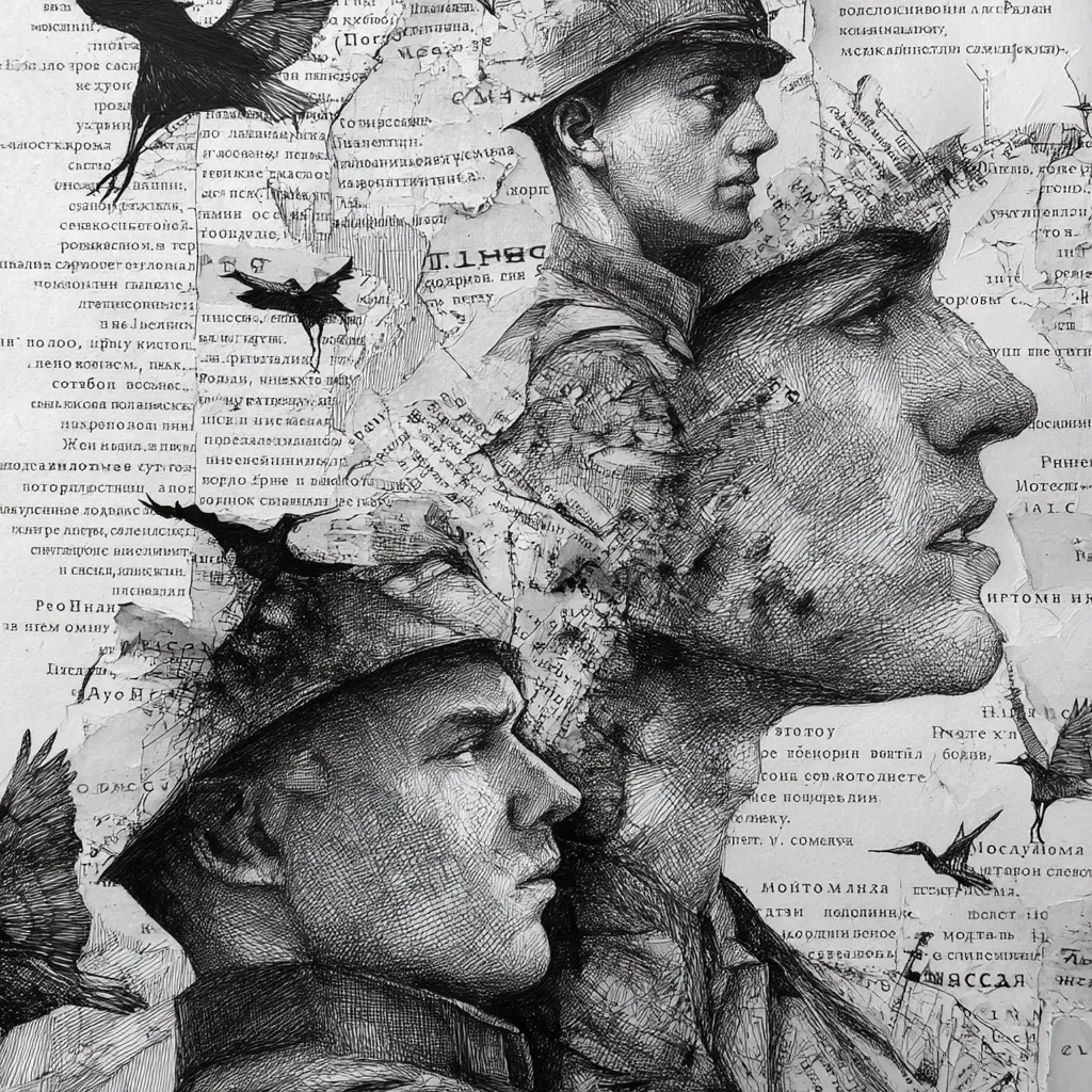 A monochrome artwork depicts three men's profiles, seemingly soldiers, rendered in meticulous detail.  Their faces are partially obscured by textured paper fragments bearing illegible text in a foreign language, suggesting a collage effect. The style is reminiscent of a pencil sketch or etching, conveying a sense of somber reflection. Birds are subtly incorporated into the composition, enhancing its atmospheric quality. The overall impression evokes themes of memory, loss, and perhaps historical conflict.