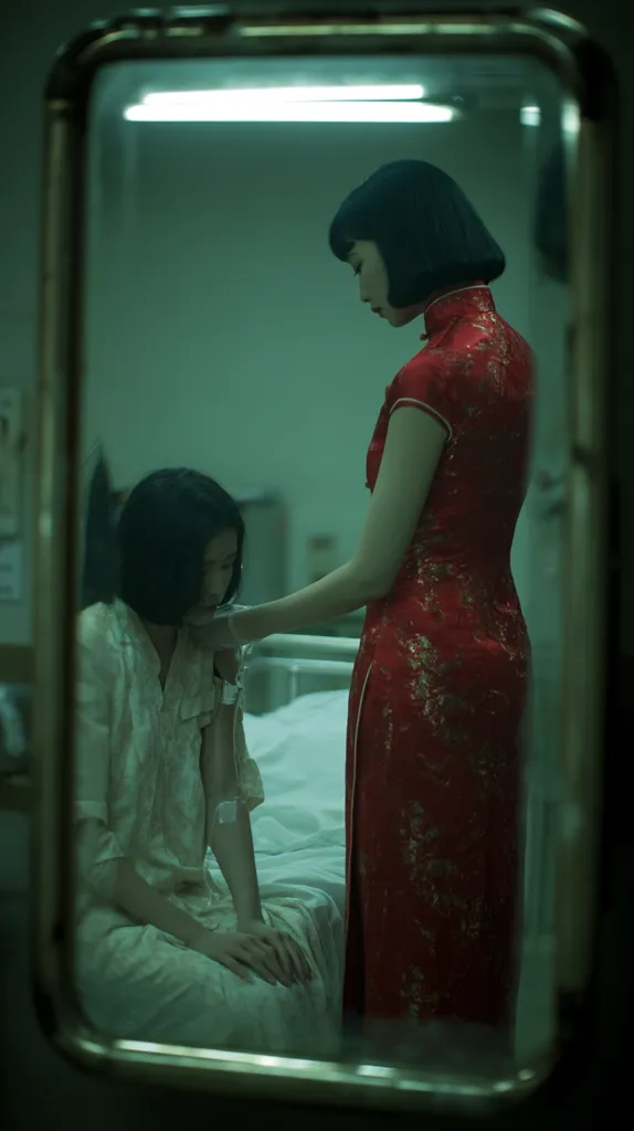 The image shows two women viewed through a reflective surface, possibly a mirror or window.  One woman, in a pale gown, sits on a hospital bed, appearing frail.  The other, dressed in a vibrant red cheongsam, gently touches the first woman's hand. The scene is dimly lit, creating a somber and melancholic mood. The setting appears to be a hospital room.