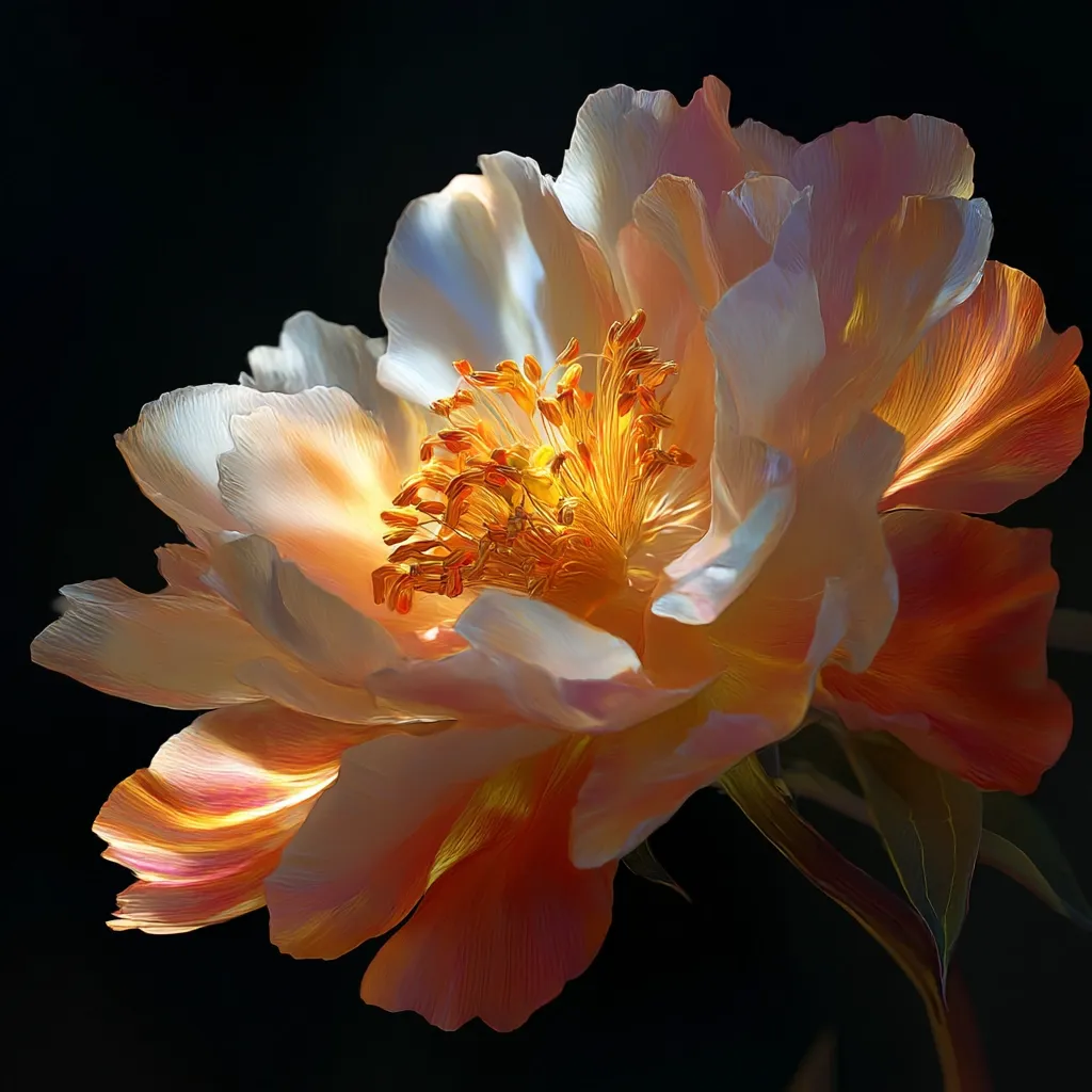 A close-up shot reveals a single peony blossom, its petals a delicate blend of creamy white and peach, subtly highlighted with warm orange hues.  The flower's center bursts with golden stamens, contrasting beautifully against the soft pastel tones of the petals.  The dark background accentuates the flower's vibrant colors and intricate details, creating a dramatic and elegant image.
