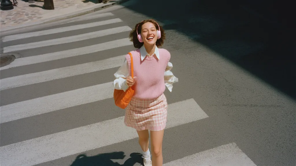 A young woman with short brown hair and pink headphones joyfully crosses a pedestrian crossing. She's wearing a pink knitted vest over a white shirt, a pink gingham skirt, and white sneakers, carrying an orange handbag. Sunlight casts shadows on the street, creating a vibrant and cheerful scene.  Her happy expression suggests a carefree and energetic mood.