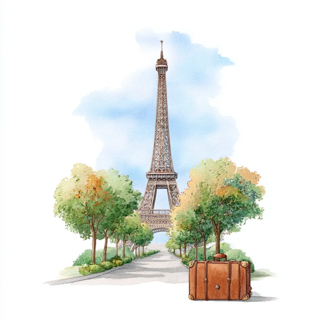 A watercolor painting depicts a Parisian scene.  A vintage suitcase sits on a tree-lined road leading directly to the Eiffel Tower. Lush green trees frame the path, creating a picturesque view under a light blue sky. The Eiffel Tower stands tall and majestic in the distance, conveying a sense of travel and adventure to the romantic city.