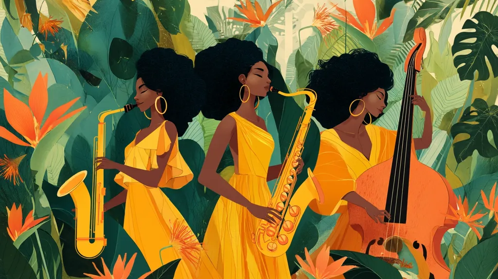 Three Black women, adorned in vibrant yellow dresses, are depicted playing musical instruments amidst a lush tropical backdrop.  One plays a saxophone, another a saxophone, and the third a double bass.  The artwork is stylized with bold colors and lush foliage, creating a lively and energetic scene.  Their closed eyes suggest immersion in their music.