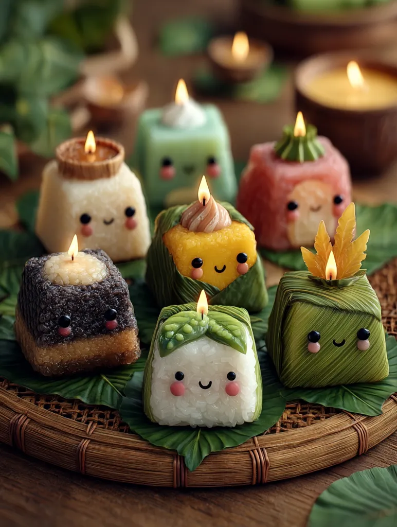 Adorable, miniature candles shaped like various Asian desserts are arranged on a woven tray.  Each candle features a cute cartoon face and is decorated with vibrant colors and leaf accents.  The warm glow of the lit candle wicks creates a cozy and charming ambiance.  The scene suggests a celebration or festive occasion.