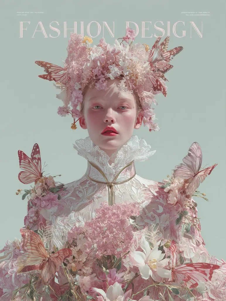 A fashion design magazine cover features a model adorned in a breathtaking ensemble.  She wears a crown and dress meticulously crafted from delicate pink flowers and butterflies, creating a whimsical, ethereal effect. The pale pastel palette and soft lighting enhance the dreamy, romantic mood of the image.  The model's serene expression complements the overall aesthetic of gentle beauty and elegance.
