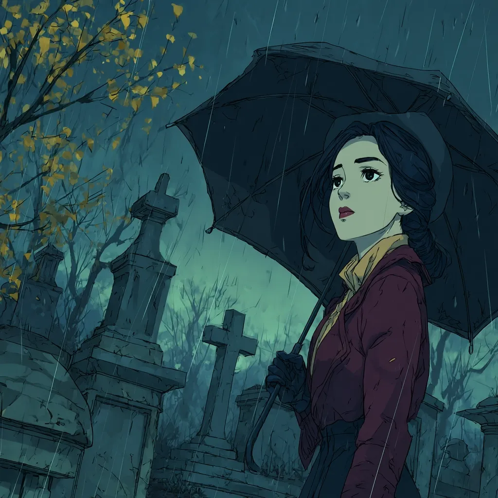 A young woman, elegantly dressed in a maroon jacket and dark skirt, stands under a black umbrella in a rain-swept cemetery.  The somber atmosphere is highlighted by the grey tombstones and bare, rain-laden trees.  Autumn leaves fall around her, adding to the melancholic mood.  Her gaze is directed upward, suggesting contemplation or longing. The scene is rendered in a painterly digital style with a muted color palette.