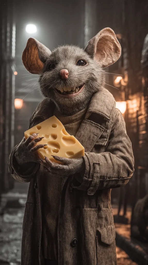 A charming anthropomorphic mouse, clad in a brown overcoat, beams contentedly while holding a sizable piece of Swiss cheese.  The setting appears to be a dimly lit, possibly urban alleyway, enhancing the image's whimsical and slightly mysterious mood.  The mouse's expression is one of pure joy, suggesting a successful acquisition of its favorite delicacy.