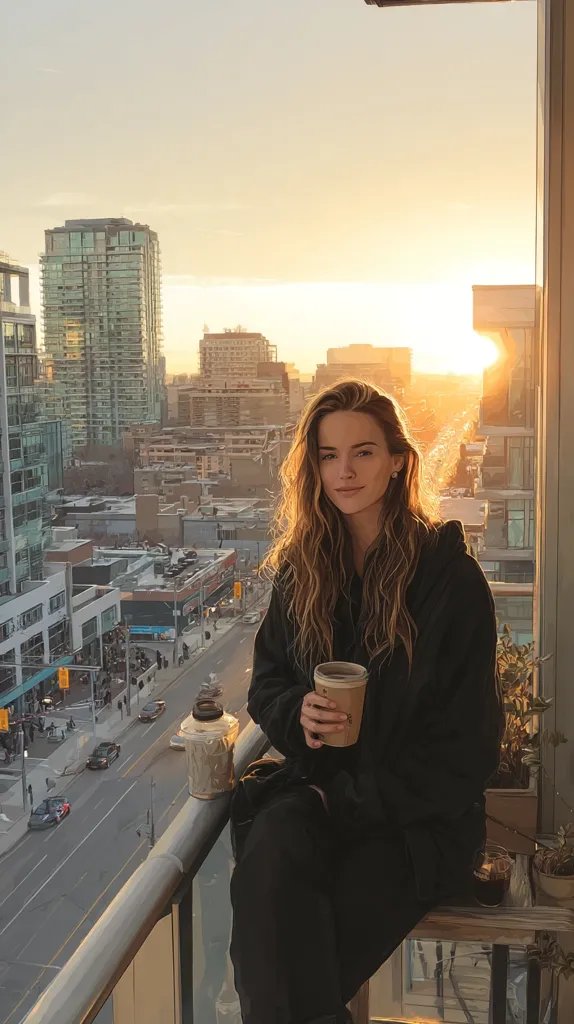 A young woman with long, wavy blonde hair sits on a balcony overlooking a city at sunset.  She's dressed in a black hoodie and pants, holding a takeaway coffee cup. The urban landscape stretches before her, bathed in warm golden light.  Cars are visible on the street below, adding to the city's vibrant atmosphere.  The scene evokes a feeling of calm amidst the bustling cityscape.