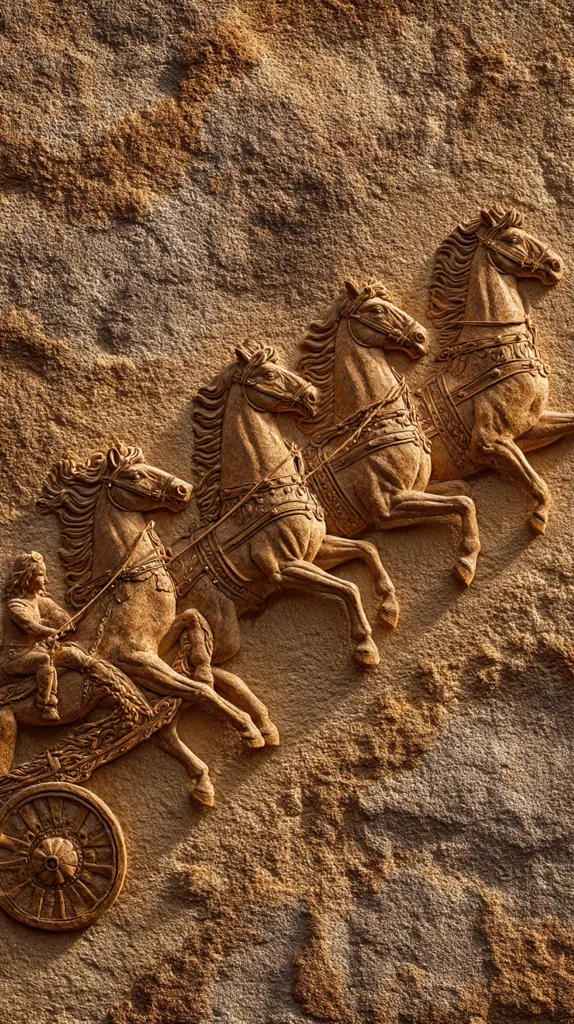A detailed bas-relief carving depicts a four-horse chariot scene.  The horses are powerfully sculpted, manes and tails flowing, pulling a chariot with a charioteer.  The intricate detail extends to the harnesses and the chariot's wheel, all rendered in warm, earthy tones against a textured stone background.  The style suggests classical antiquity, possibly Roman or Greek. The relief is deeply carved, showcasing a high level of artistic skill.