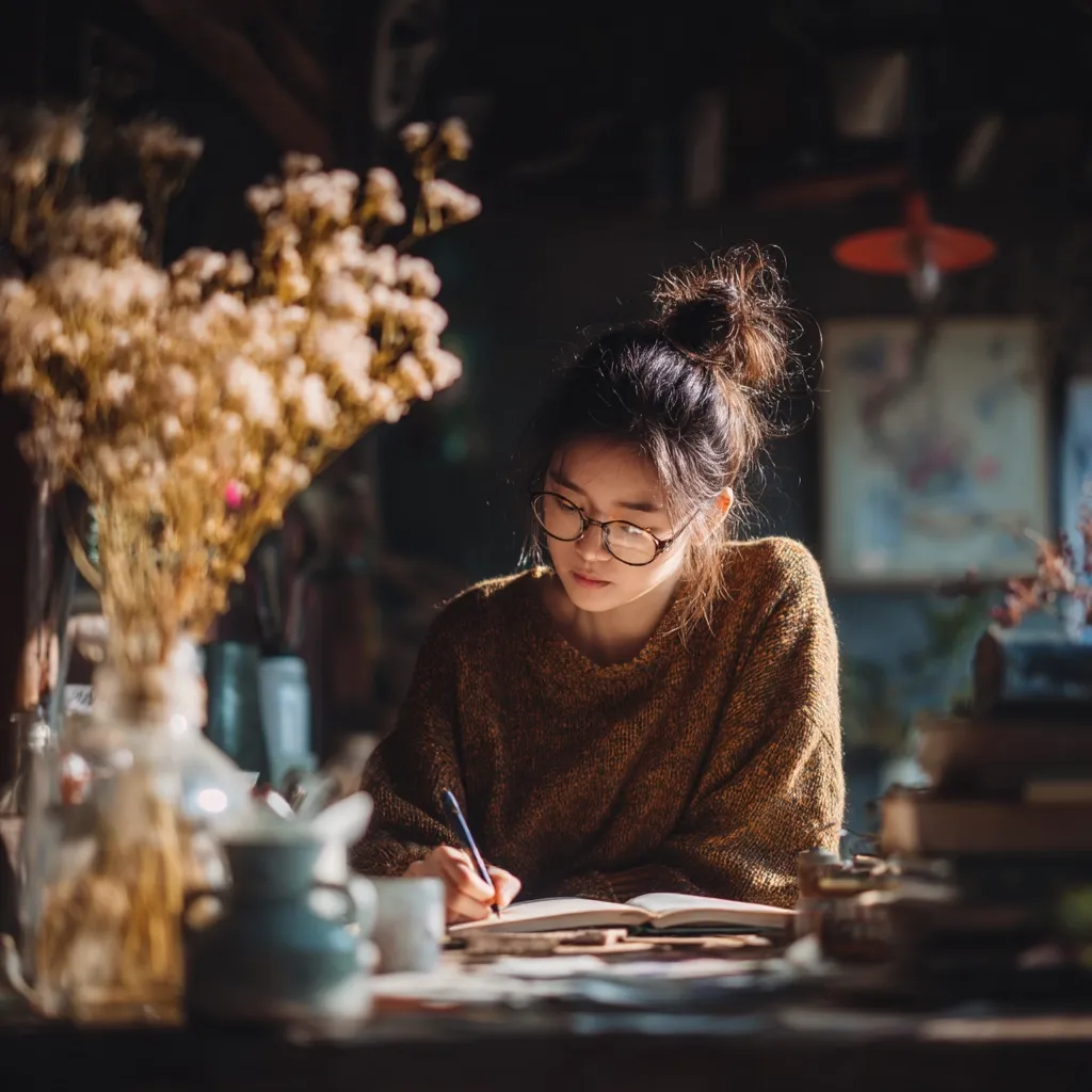 A young woman with glasses sits at a wooden table, engrossed in writing in a notebook.  She wears a mustard-colored sweater and her hair is pulled back in a bun.  A vase of dried flowers sits in the foreground, along with teacups and a stack of books in the background.  The scene is dimly lit, creating a warm and cozy atmosphere.