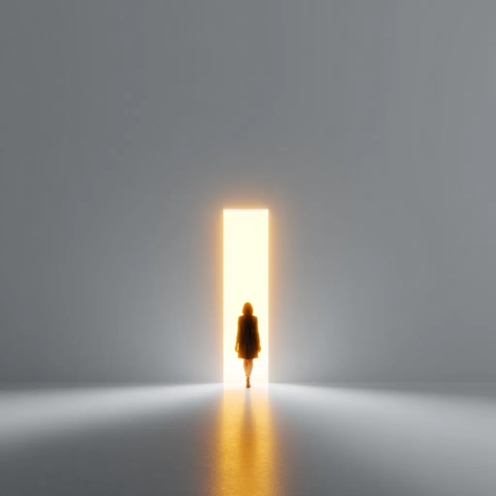 A lone figure, silhouetted against a bright, golden doorway, walks towards the light in a minimalist, white room.  The scene evokes a sense of hope, transition, or a journey into the unknown. The bright light contrasts sharply with the muted grey of the walls, emphasizing the path ahead. The image is stark and symbolic, leaving much to interpretation.