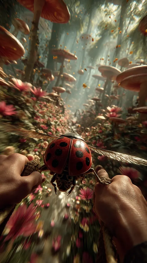 A vibrant, surreal landscape unfolds, dominated by giant mushrooms and a profusion of pink flowers.  The viewpoint is from the perspective of a person holding onto a large, stylized ladybug as it flies through this whimsical forest.  Golden particles drift in the air, adding to the dreamlike quality of the scene.  The speed of the flight is emphasized by motion blur.