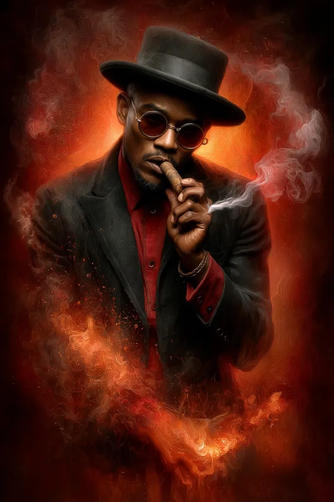 A stylized portrait of a man in a black suit and fedora, smoking a cigar. He wears round sunglasses and a red shirt.  The background is a fiery, smoky orange and red, suggesting intensity and power. The overall effect is dramatic and evocative, with a painterly quality to the image.  The man's expression is serious and contemplative.