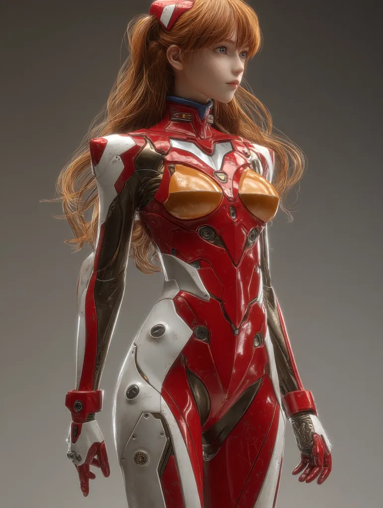A digital rendering showcases a female figure in a vibrant red and white robotic suit.  Her long, ginger hair is styled in a ponytail, and her expression is serious. The suit is intricately detailed, with visible mechanical components and a sleek, futuristic design. The overall aesthetic blends elements of anime and science fiction. The image is sharply focused, highlighting the texture and reflectivity of the suit's surface.