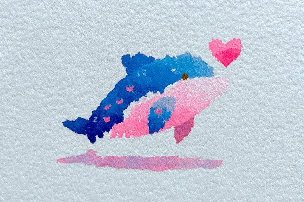 A whimsical watercolor painting depicts a stylized dolphin, predominantly blue and pink, swimming playfully.  Small hearts are scattered across its body, adding a touch of charm. A single pink heart floats above the dolphin, suggesting affection or love. The dolphin is rendered with loose, expressive brushstrokes, giving it a light and airy feel. The overall style is cute and slightly abstract.