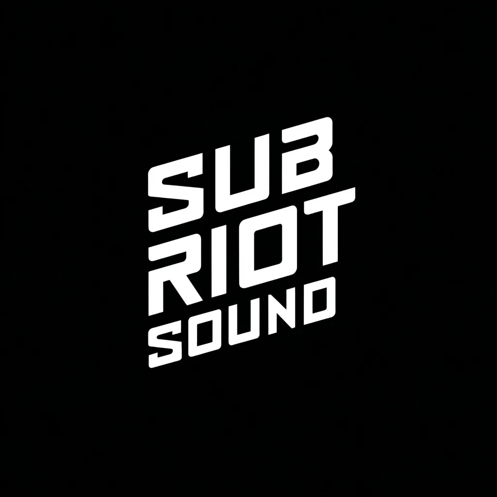 The image displays a logo for "Sub Riot Sound."  The words are stacked in a tilted, three-dimensional style, with "Sub" on top, "Riot" in the middle, and "Sound" at the bottom, all in bold, uppercase, white lettering against a black background. The design is sharp, modern, and suggests a powerful audio brand.