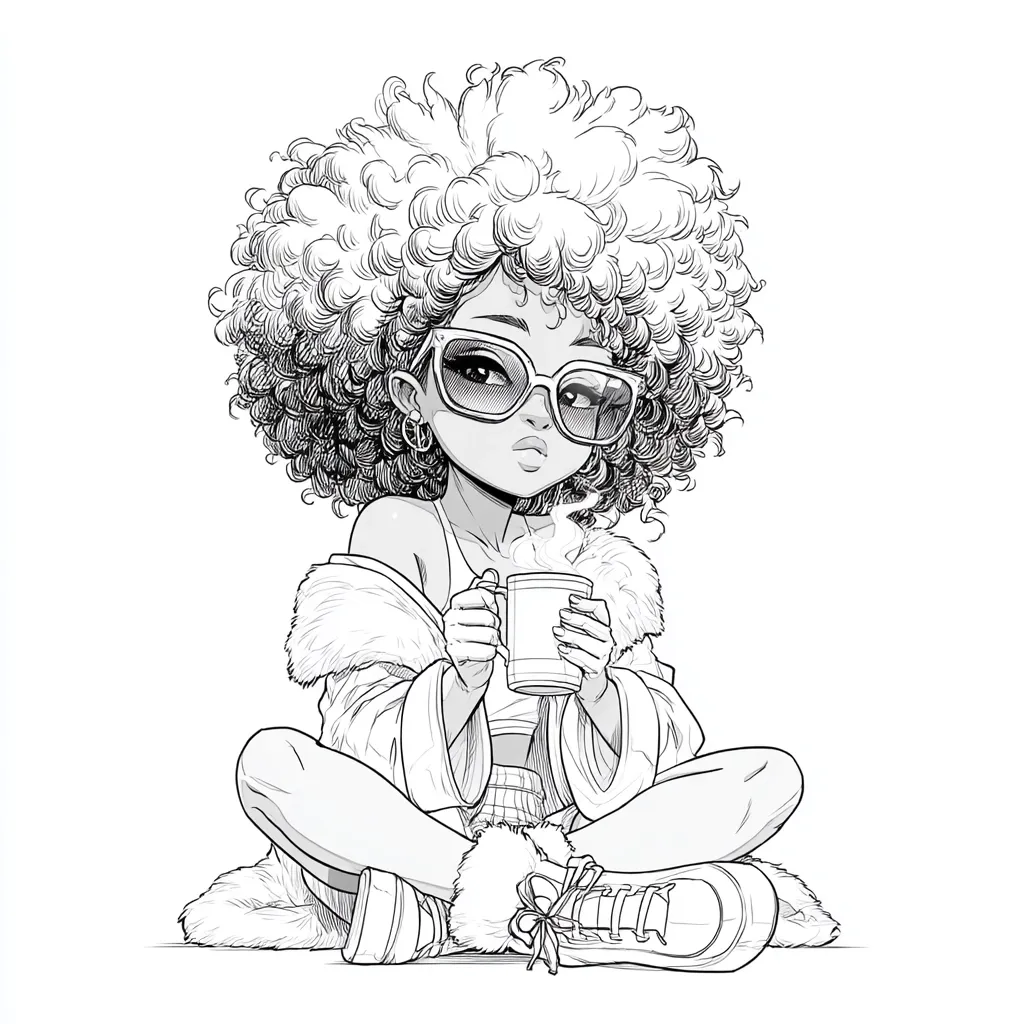 A stylized black girl with a large afro sits cross-legged, wearing sunglasses and a fur-trimmed jacket.  She holds a steaming mug in both hands, her expression calm and contemplative.  She's dressed in casual attire, including high-top sneakers with fluffy cuffs. The drawing is in black and white, with detailed linework showcasing her features and clothing.