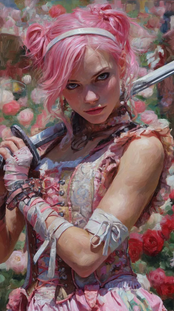 A young woman with vibrant pink hair styled in space buns wears a pink and white corset and carries a katana.  Her expression is serious, almost defiant.  She's surrounded by a garden of blooming roses, creating a striking contrast between the delicate flowers and the warrior-like pose. The painting style is realistic, with visible brushstrokes adding texture and depth.