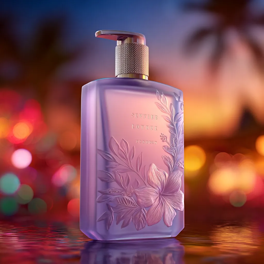 A lavender-hued bottle of Sentier Loture Honolulu perfume sits on a reflective surface.  The bottle is rectangular with a pump dispenser and features an embossed floral design.  The background is a blurry sunset scene with warm-toned bokeh lights, creating a luxurious and tropical atmosphere.  The bottle's elegant design and setting highlight its premium nature.
