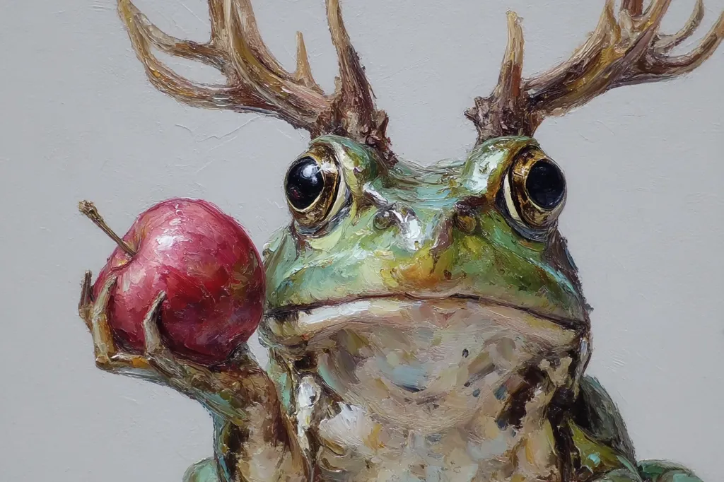 A vibrant oil painting depicts a frog with large, expressive eyes and a pair of majestic antlers.  The frog's skin is rendered with textured brushstrokes showcasing its green and brown hues.  In its hand, it delicately holds a ripe, red apple. The background is a simple, muted gray, allowing the frog and apple to be the focal point of the artwork.  The style is surreal and whimsical, blending the unlikely combination of amphibian and cervid features.