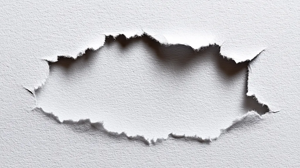 A close-up shot reveals a roughly torn hole in a piece of light gray, textured paper.  The edges of the tear are uneven and frayed, creating a slightly irregular oval shape.  The exposed underside of the paper is the same light gray color as the surrounding surface.  The texture is consistent throughout, suggesting a possibly coarse or slightly grainy material.