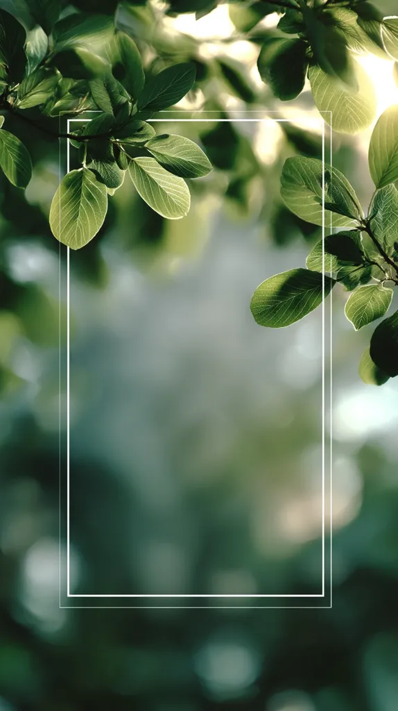 A vertical image features vibrant green leaves framing a softly blurred background.  The leaves, detailed and textured, suggest a sun-dappled forest scene. A rectangular white border in the center provides a space for text or other design elements, emphasizing the natural beauty of the foliage. The overall mood is serene and peaceful.